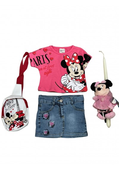 Minnie Set μπλούζα, τζιν φούστα, τσάντα και Minnie Κοκκαλάκια 2 τεμ.,Πασχαλινή λαμπάδα με Minnie Toy 20 εκ