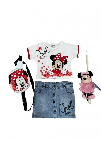 Minnie Set μπλούζα, τζιν φούστα, τσάντα και Minnie Κοκκαλάκια 2 τεμ.,Πασχαλινή λαμπάδα με Minnie Toy 20 εκ.