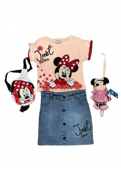 Minnie Set μπλούζα, τζιν φούστα, τσάντα και Minnie Κοκκαλάκια 2 τεμ.,Πασχαλινή λαμπάδα με Minnie Toy 20 εκ.P
